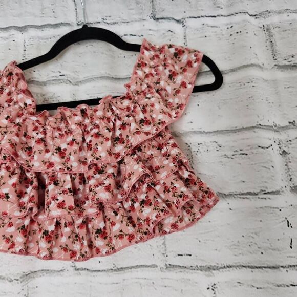 Cider Floral Cropped Elastic Off the Shoulder Top Ruffle Pink Women's XS - Picture 3 of 8